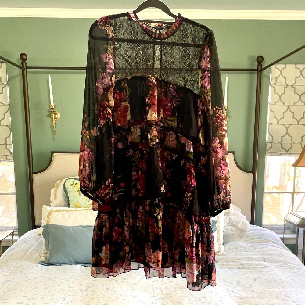 Lace-Top Tiered Ruffle Floral Print Dress
